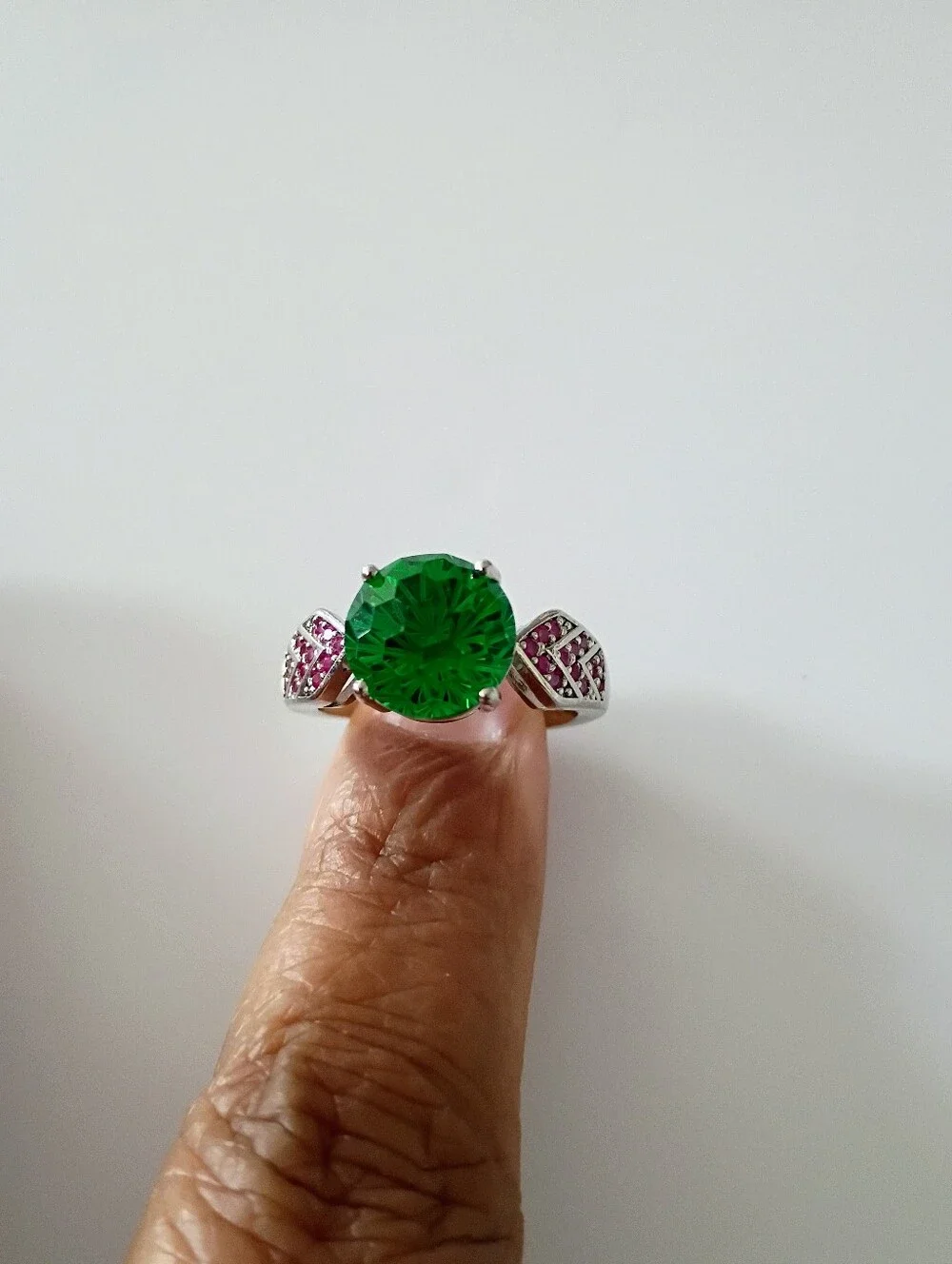 New Green Rose Cut Solitaire Ring with Pink Accents -